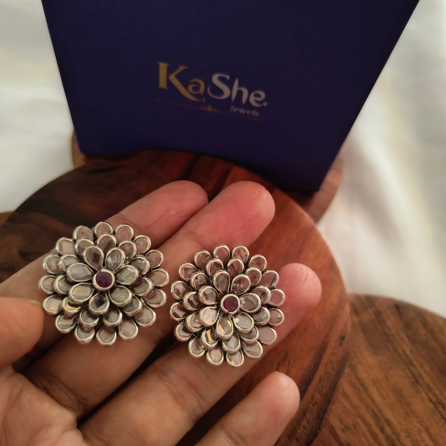 Elegant 3D Multi-Layered Petal Intricate White Kundan Stud With Pink Stone Big