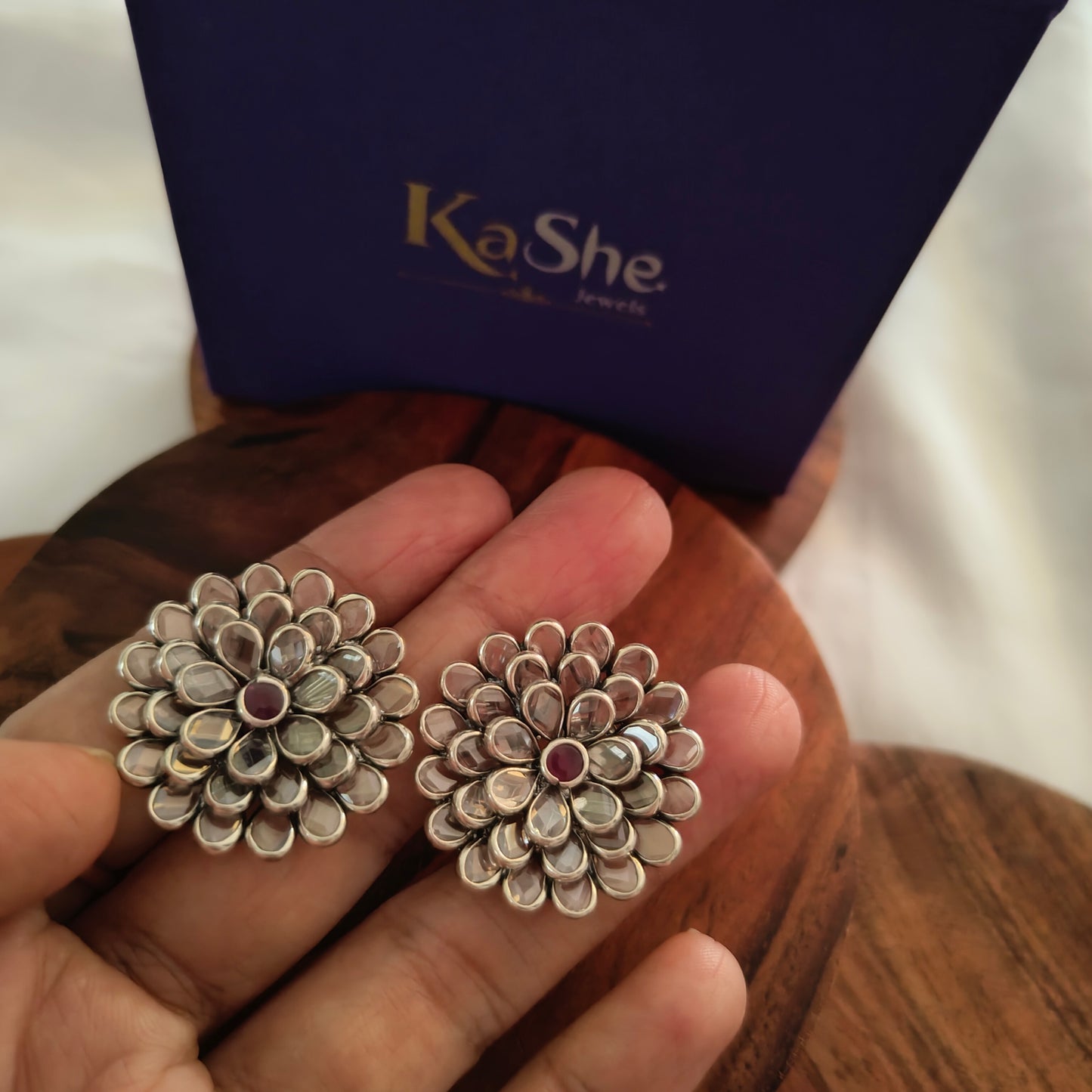 Elegant 3D Multi-Layered Petal Intricate White Kundan Stud With Pink Stone Big