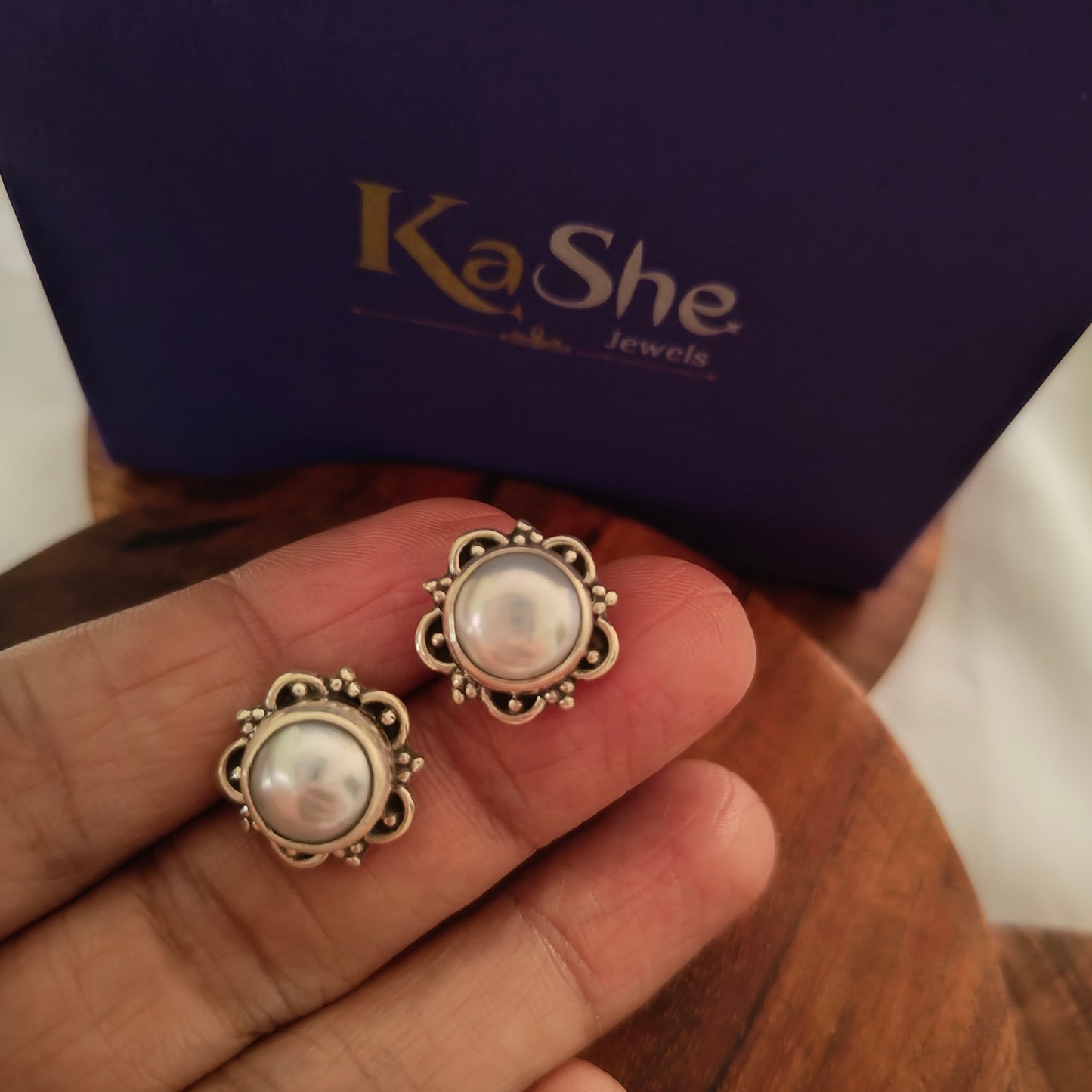 Simplistic Pearl Silver Stud 925 Silver Handcrafted With Rava Work