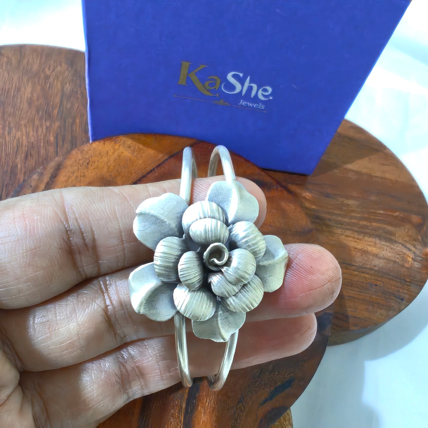 Statement 3D Textured Flower Cuff Open Kada Bracelet