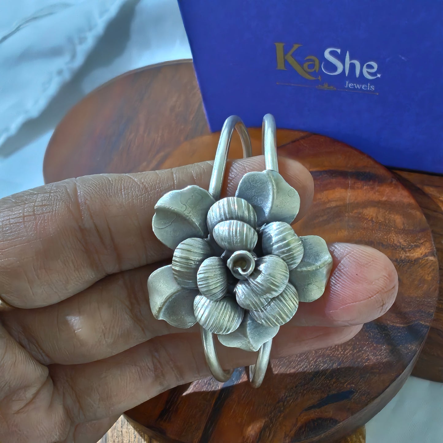 Statement 3D Textured Flower Cuff Open Kada Bracelet