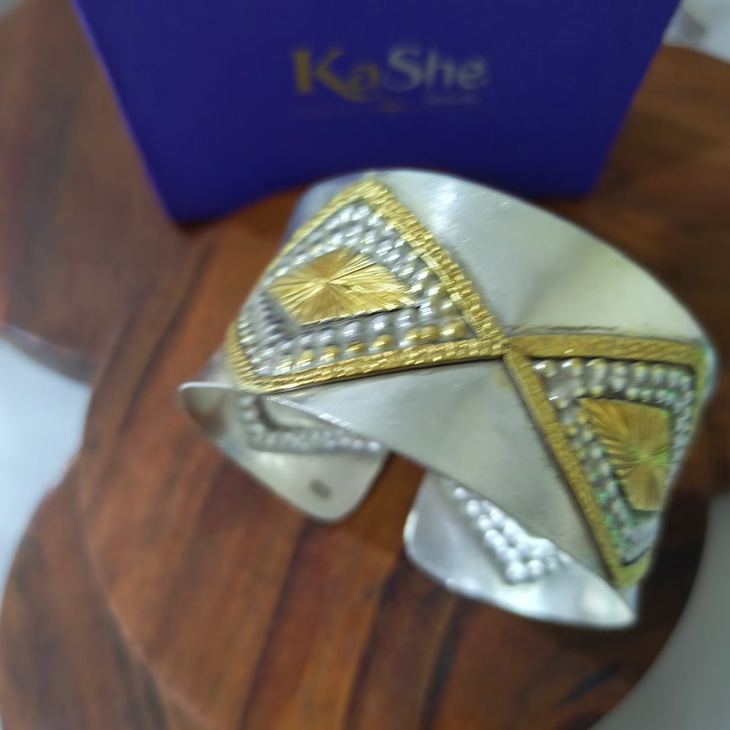 Dual Toned Gold Polished Statement Exclusive Diamond Pattern 925 Silver Cuff Bracelet