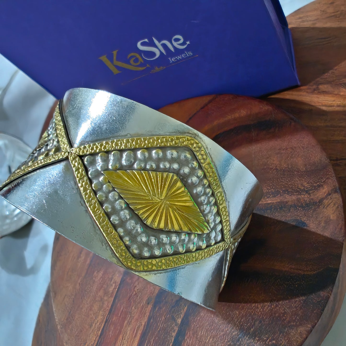 Dual Toned Gold Polished Statement Exclusive Diamond Pattern 925 Silver Cuff Bracelet