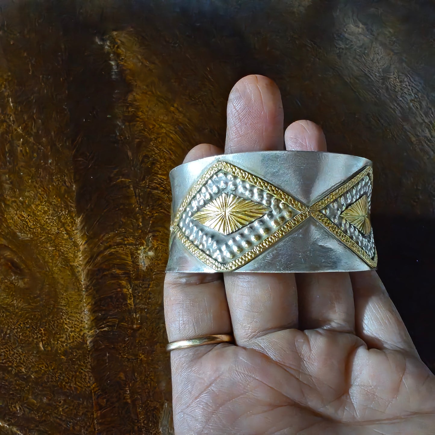 Dual Toned Gold Polished Statement Exclusive Diamond Pattern 925 Silver Cuff Bracelet