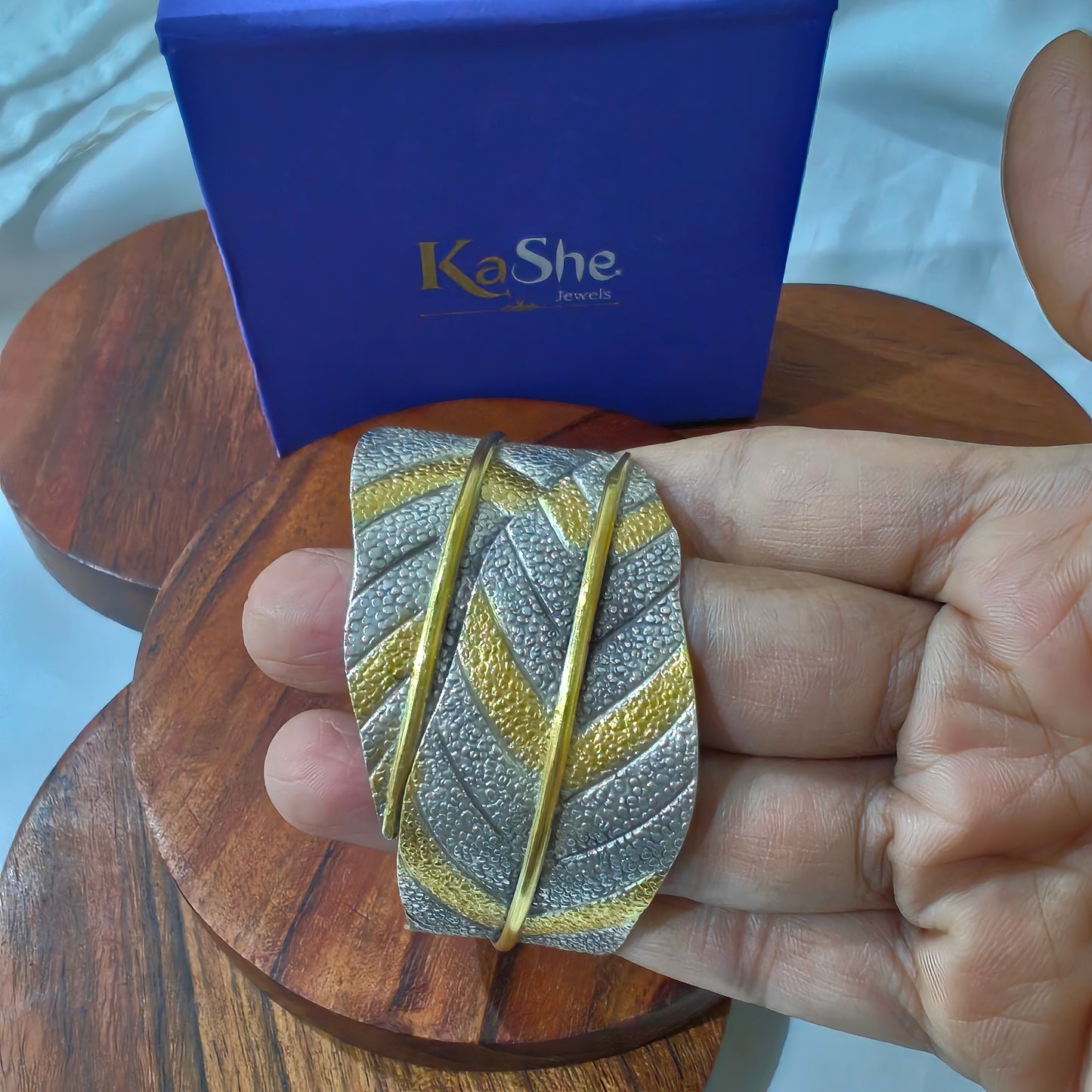 Dual Toned Gold Polished Statement Exclusive Leaf 925 Silver Cuff Bracelet
