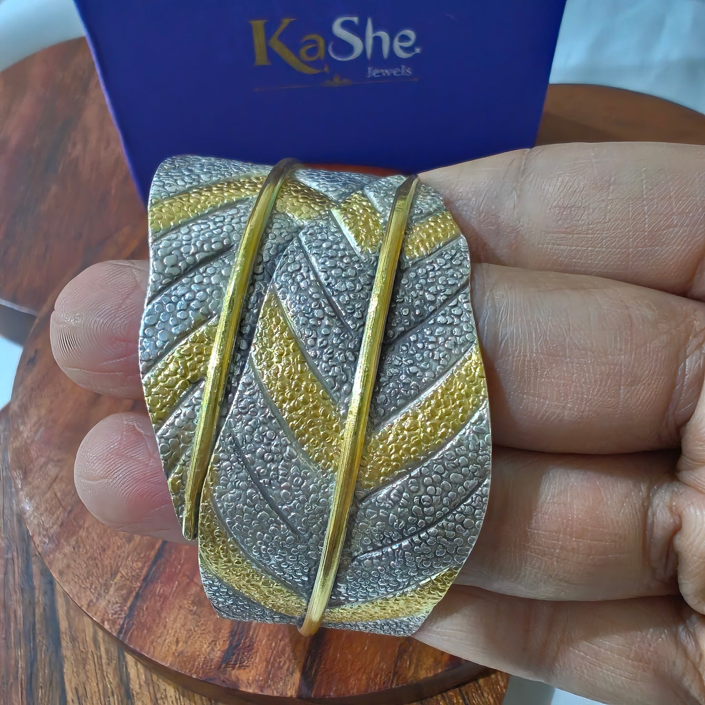 Dual Toned Gold Polished Statement Exclusive Leaf 925 Silver Cuff Bracelet