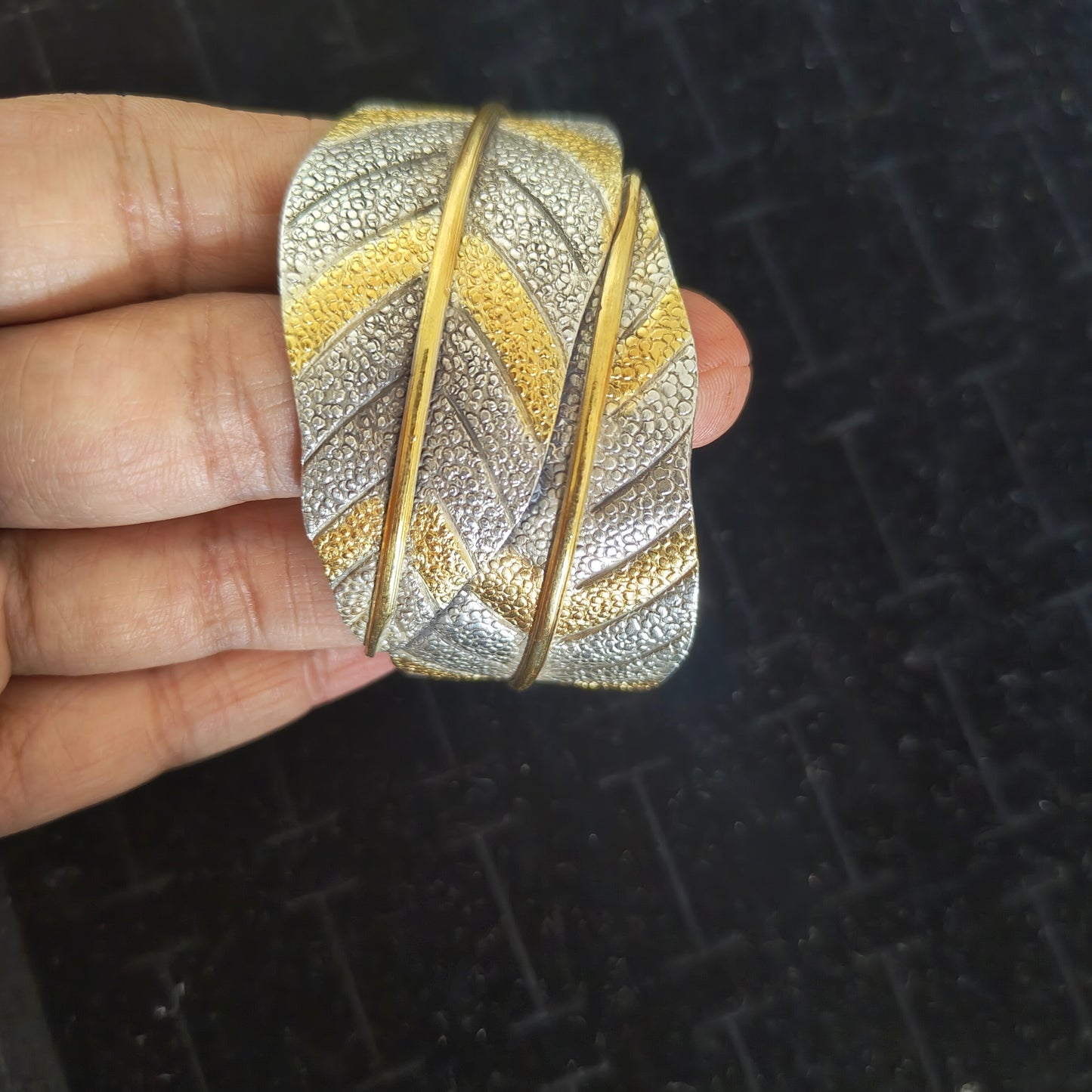 Dual Toned Gold Polished Statement Exclusive Leaf 925 Silver Cuff Bracelet