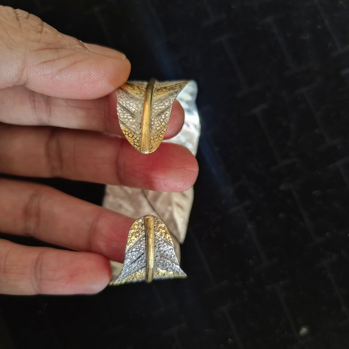 Dual Toned Gold Polished Statement Exclusive Leaf 925 Silver Cuff Bracelet