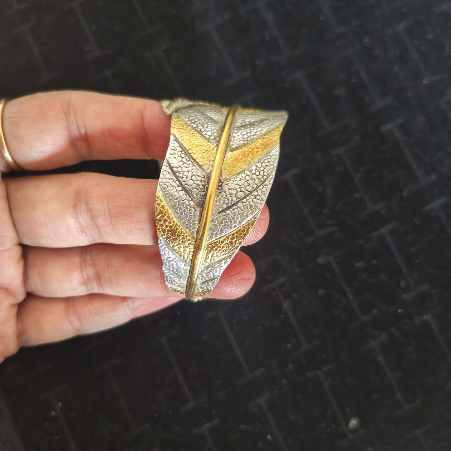 Dual Toned Gold Polished Statement Exclusive Leaf 925 Silver Cuff Bracelet
