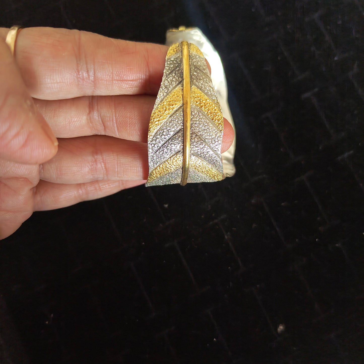 Dual Toned Gold Polished Statement Exclusive Leaf 925 Silver Cuff Bracelet