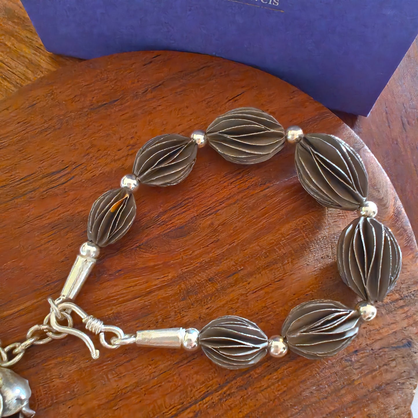 Exquisite Loose Bracelet Oxidised Polished With Flowers Bud And Leaf Charms