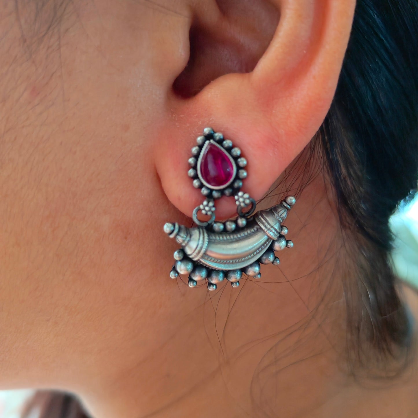 925 Silver Red Stone Pear Stud One Chand Dangler Temple Earrings With Intricate Ball Carvings