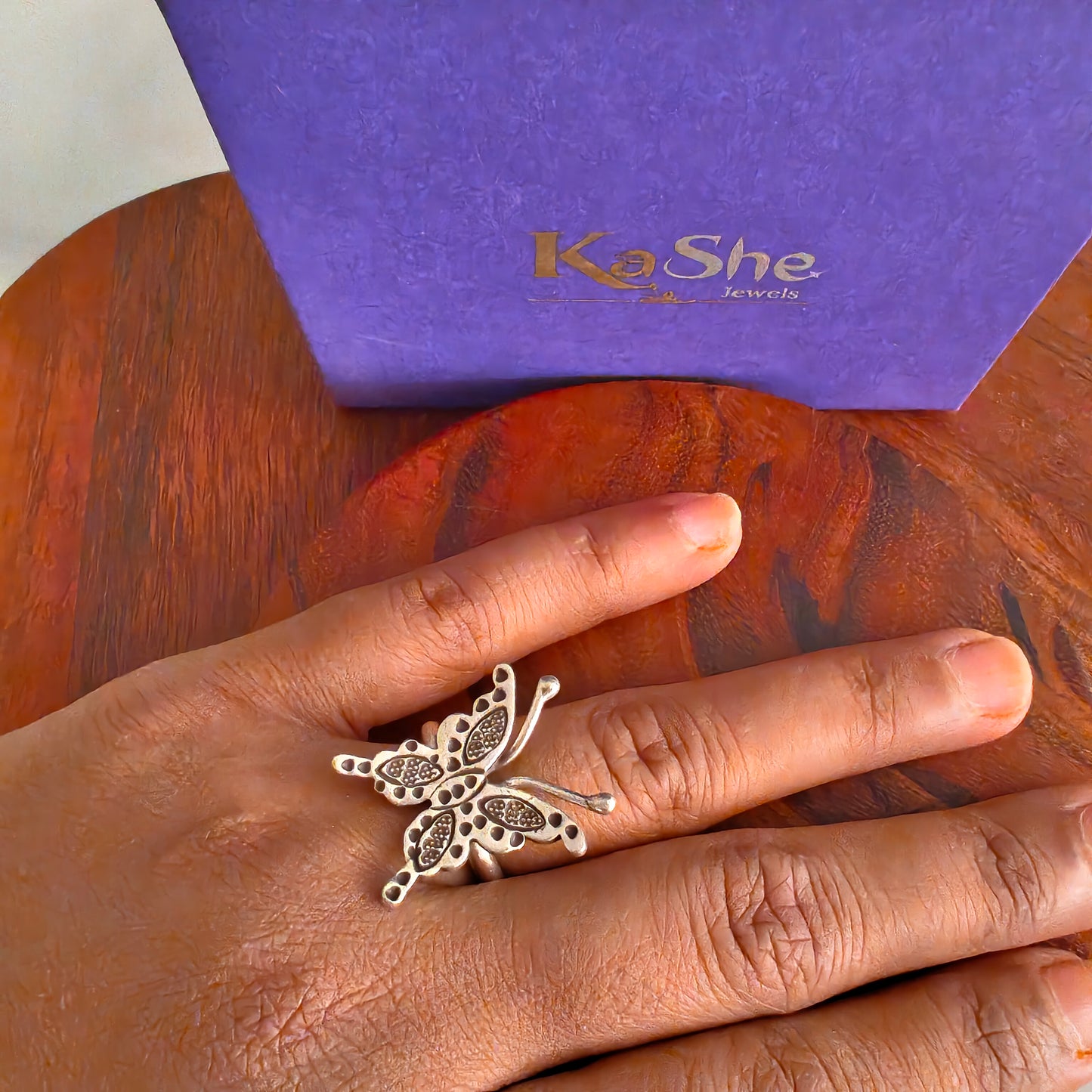 Adjustable Sterling Silver Textured With Butterfly Ring