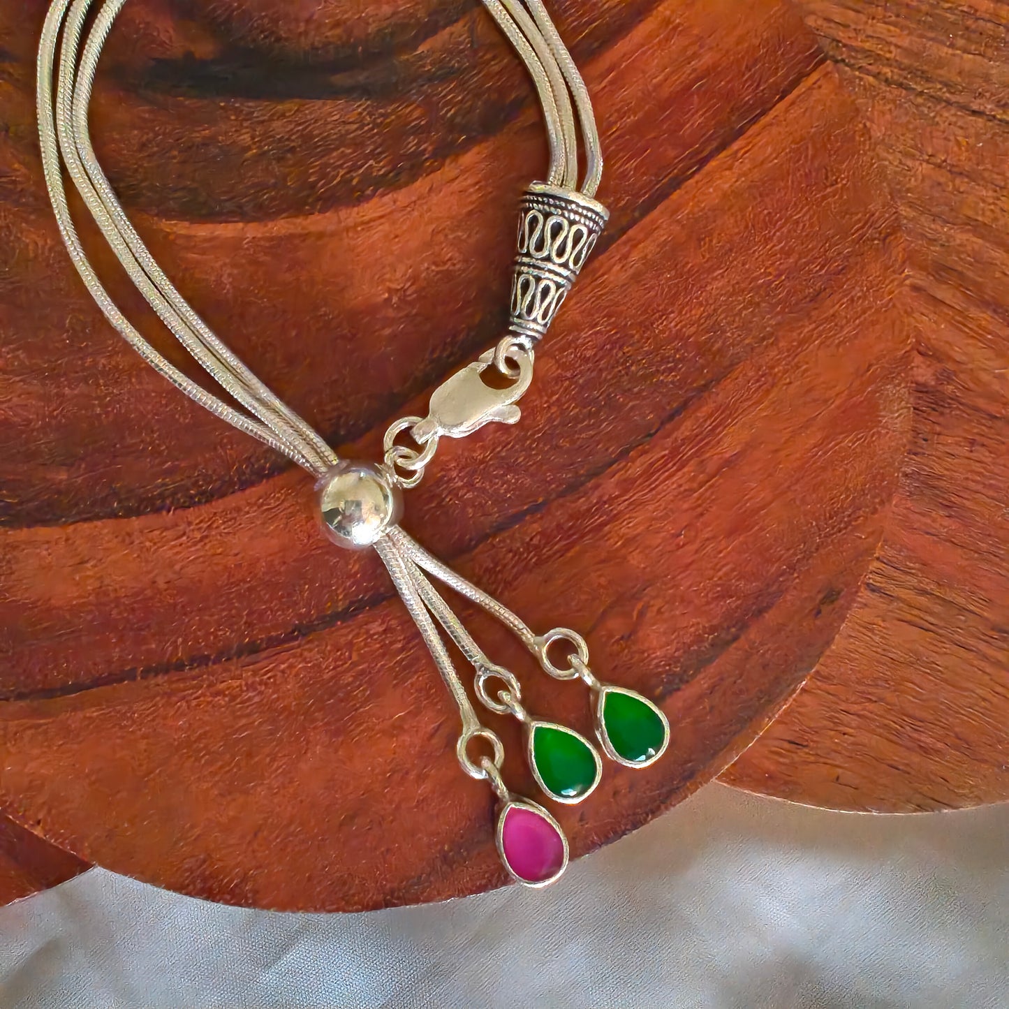 Exquisite 925 Silver Adjustable Pink Green Stone Loose Chain Bracelet