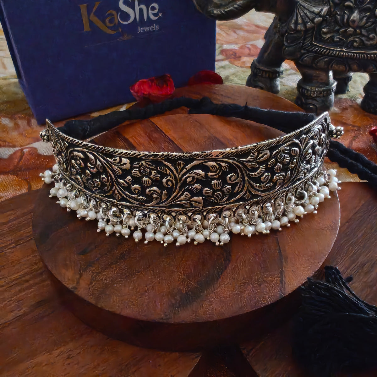 Versatile Choker Necklace with Handcrafted Chitai Intrcate Flower With Black Thread Dori