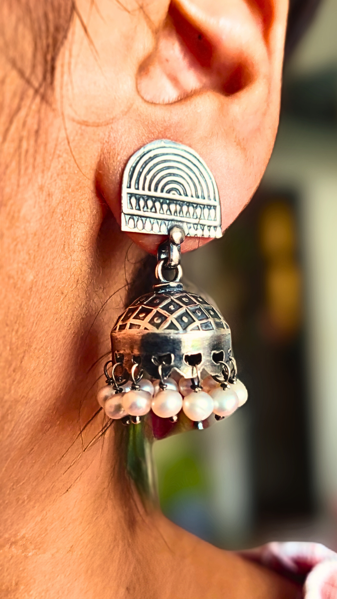 925 Silver Half Moon Textured Pearl Jhumka