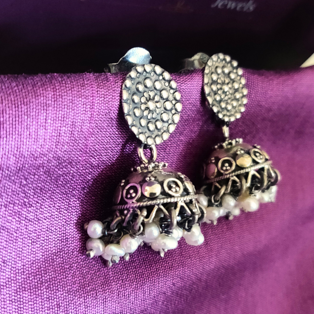 Everyday Wear 925 Silver Dotted Flower Stud Pearl jhumka