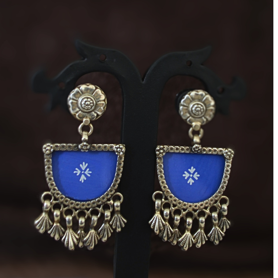 925 Silver Flower Studs With Blue Color Handpainted Glass & Dangler