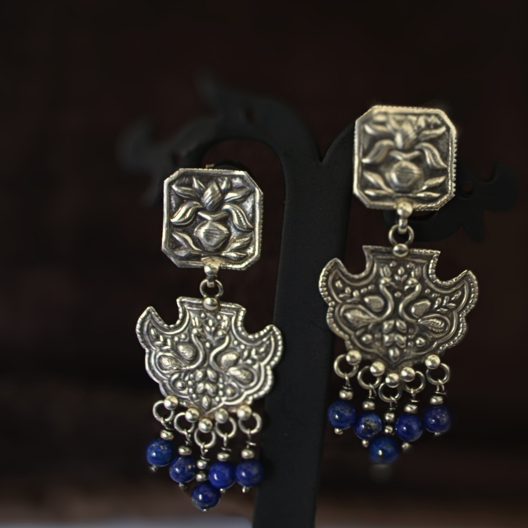 925 Silver Pot Studs With Peacock & Blue Dangler
