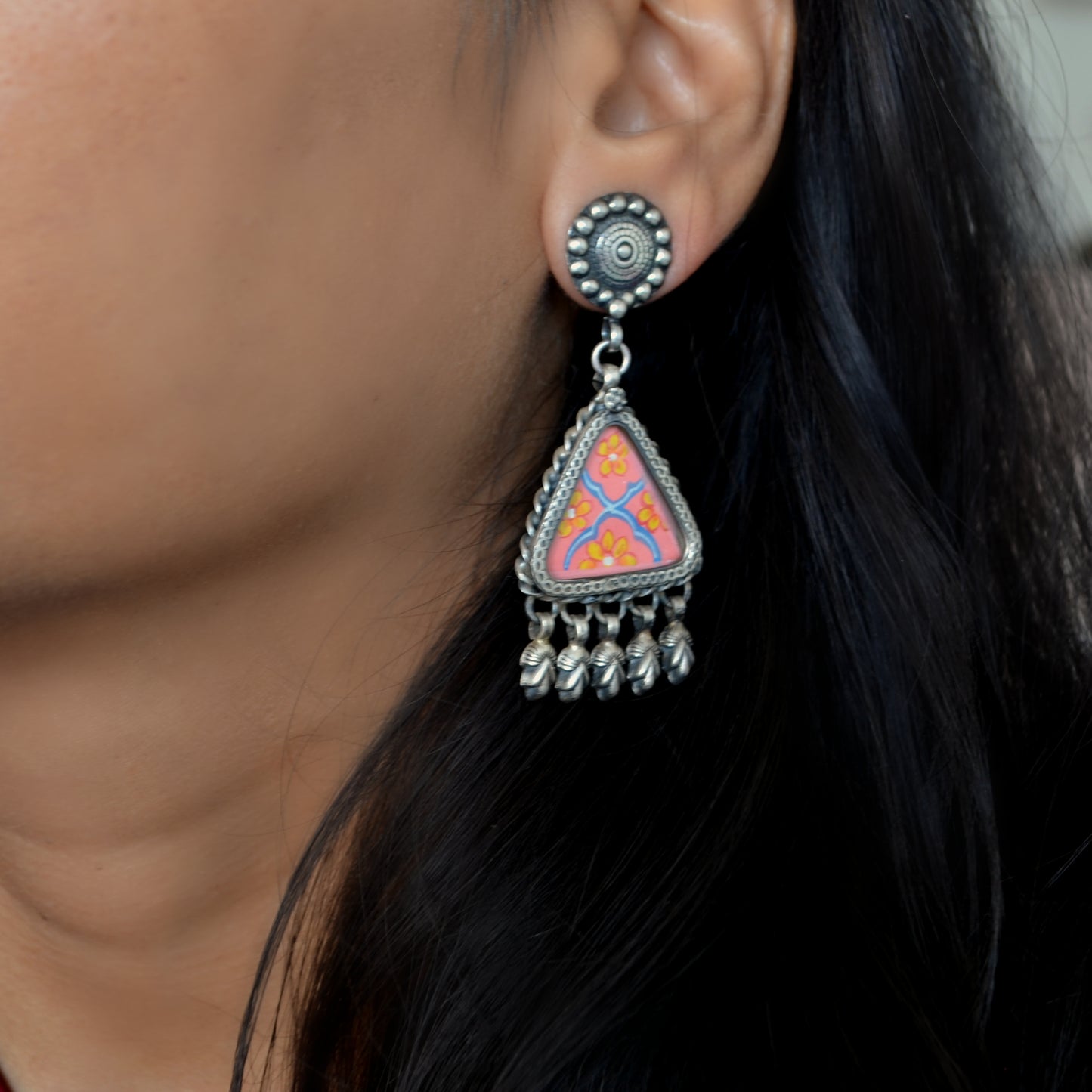 925 Silver Flower Stud With Orange Blue Handpainted Glass With Danglers