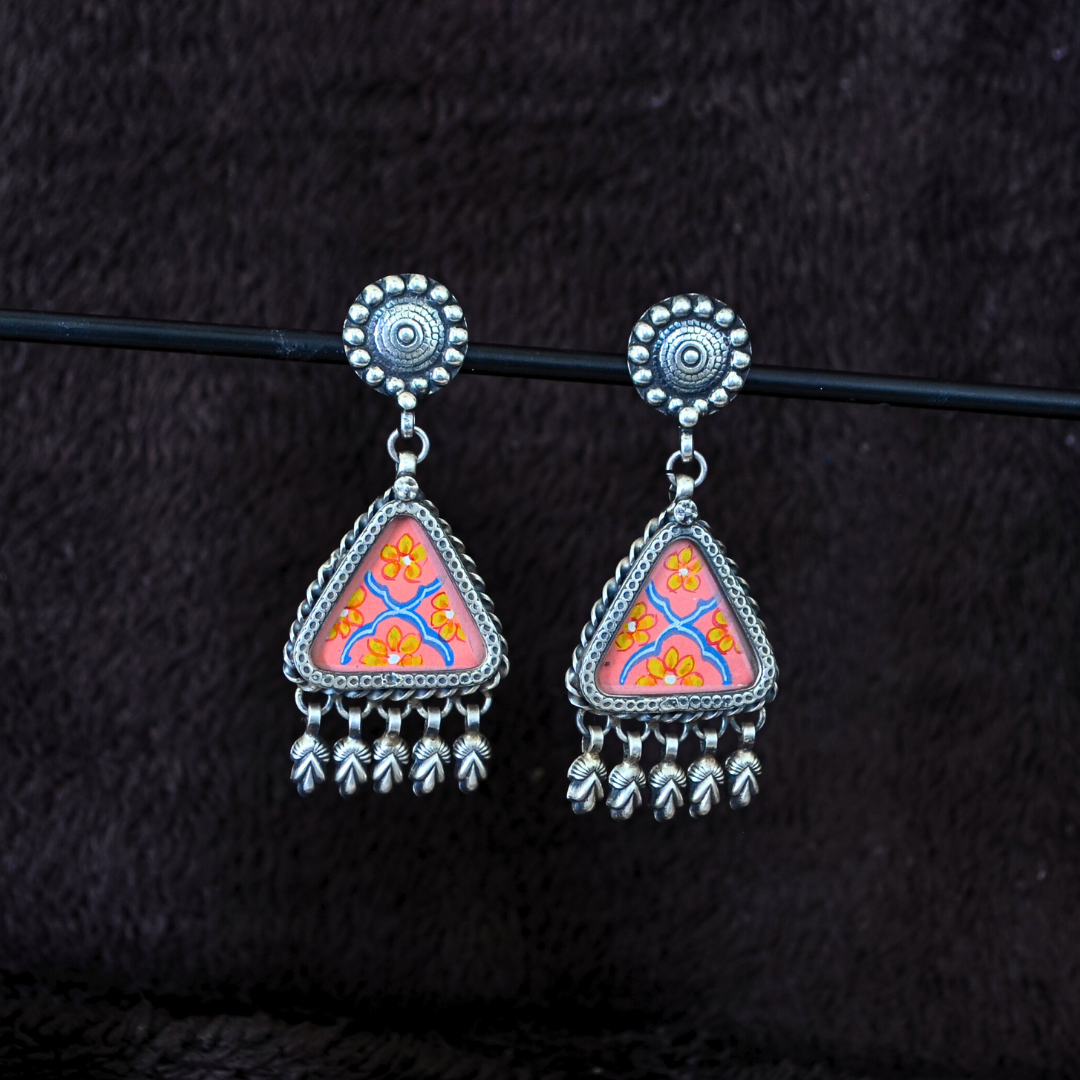925 Silver Flower Stud With Orange Blue Handpainted Glass With Danglers