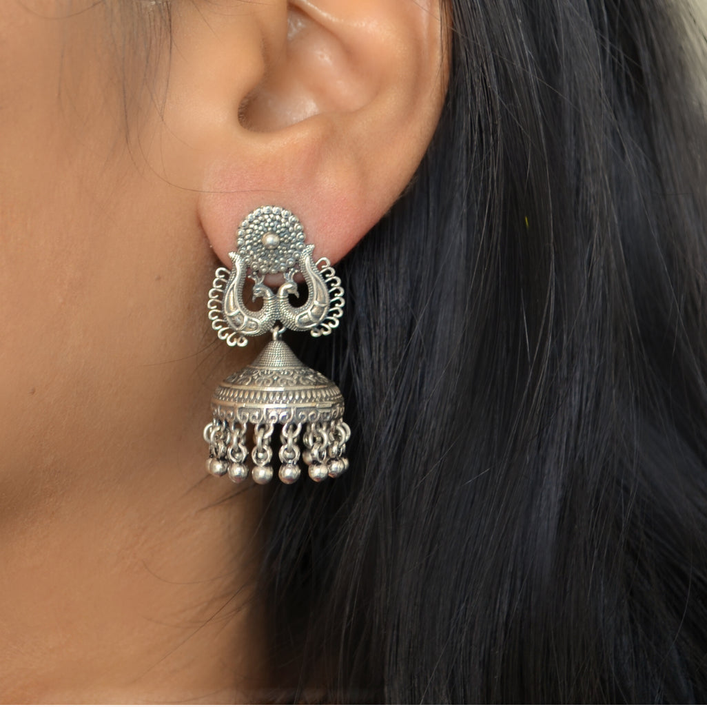 925 Silver Statement Peacock Floral Studs with Jhumka & Danglers