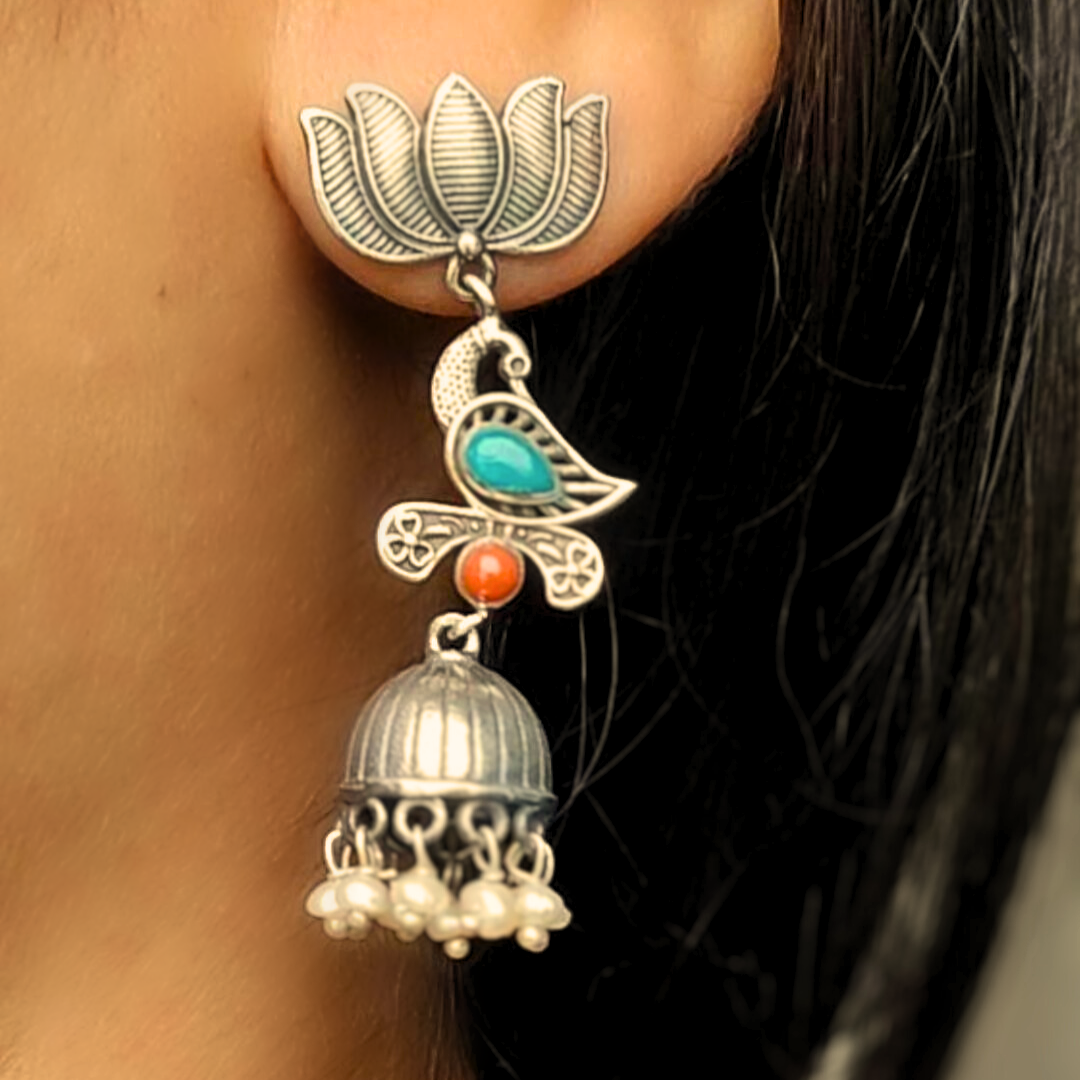 Turquoise Lotus Bird Coral 92.5 Silver Jhumka & Pearl Danglers
