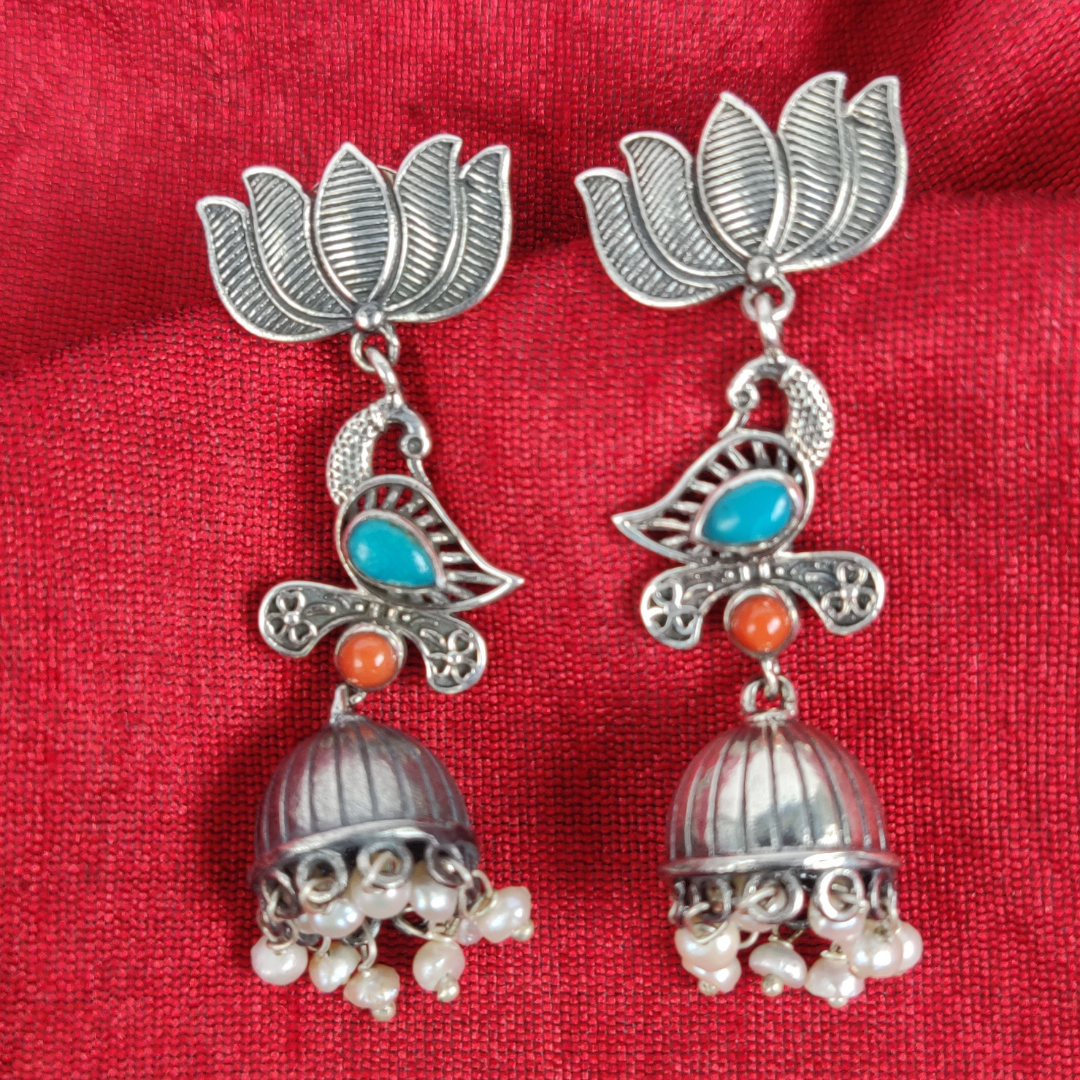 Turquoise Lotus Bird Coral 92.5 Silver Jhumka & Pearl Danglers