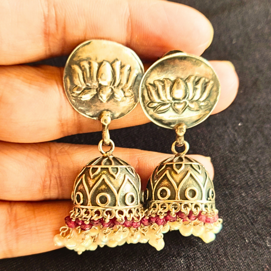 925 Silver Lotus Stamped Statement Jhumka with Pearl & Ruby Danglers