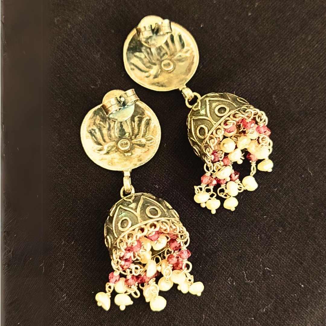 925 Silver Lotus Stamped Statement Jhumka with Pearl & Ruby Danglers