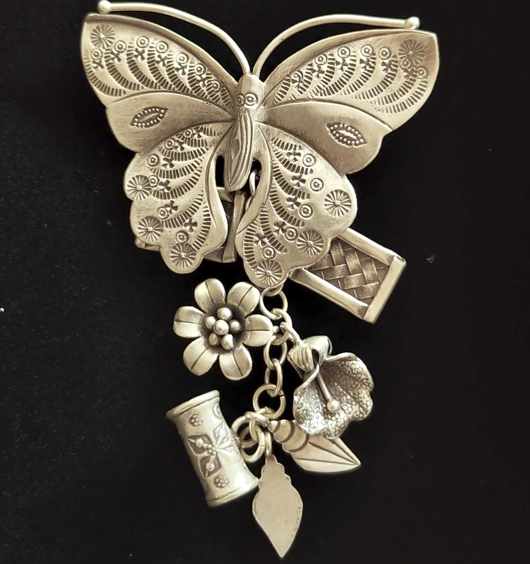 Vintage Modern Silver Butterfly Charms Pendant With Flower etc Danglers