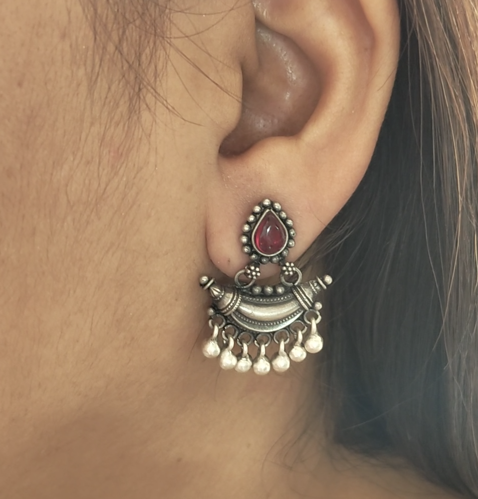 925 Silver Red Stone Pear Stud One Chand Dangler Temple Earrings With Intricate carvings Pearl Drops