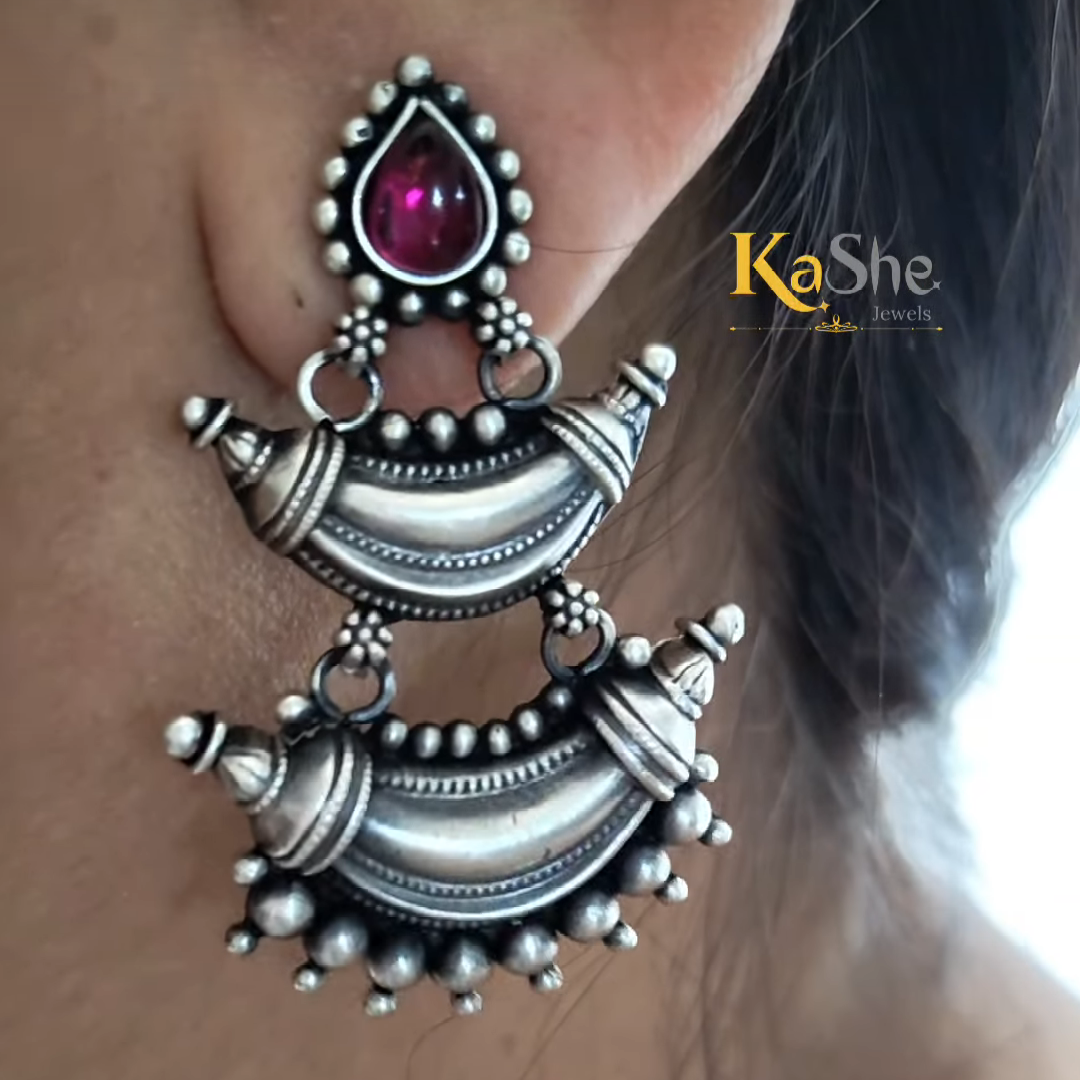 925 Silver Red Stone Pear Stud Two Chand Dangler Temple Earrings With Intricate carvings