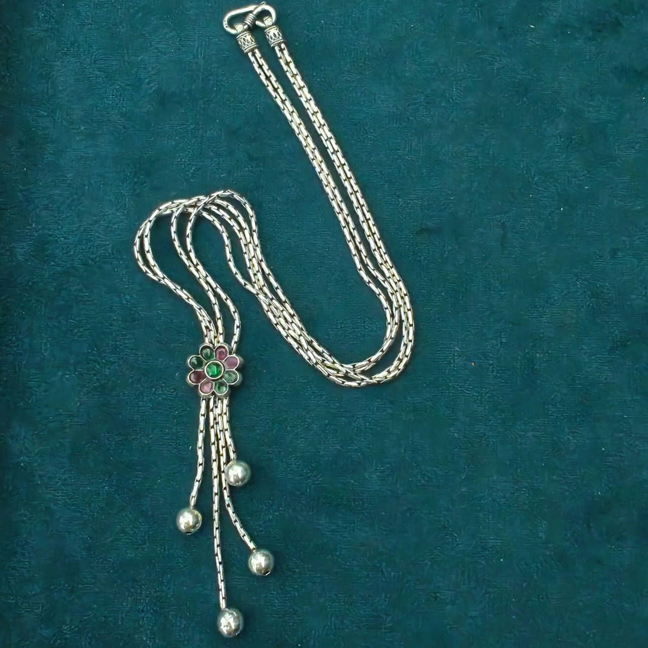 Versatile Pink Green Stone Flower Necklace With Ball Drops