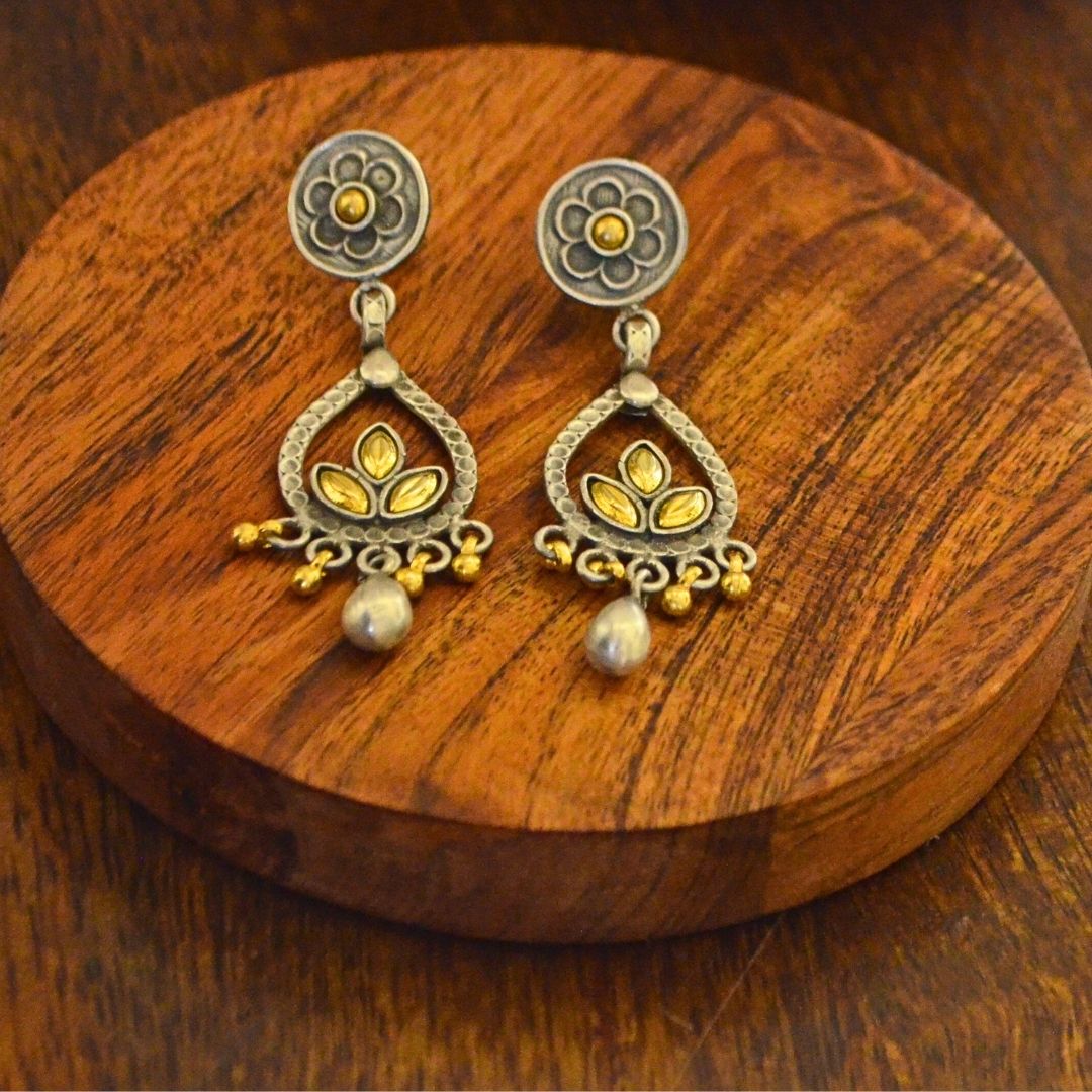 Dual Toned Gold Plated Floral Stud with Leaf shaped Chandbali Silver Danglers