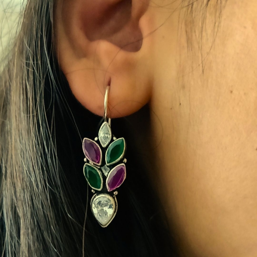 Leaf Hook Earring With White Pink Green Stone