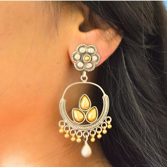 Dual Toned Gold Plated Floral Stud with Circular shaped Chandbali Silver Danglers