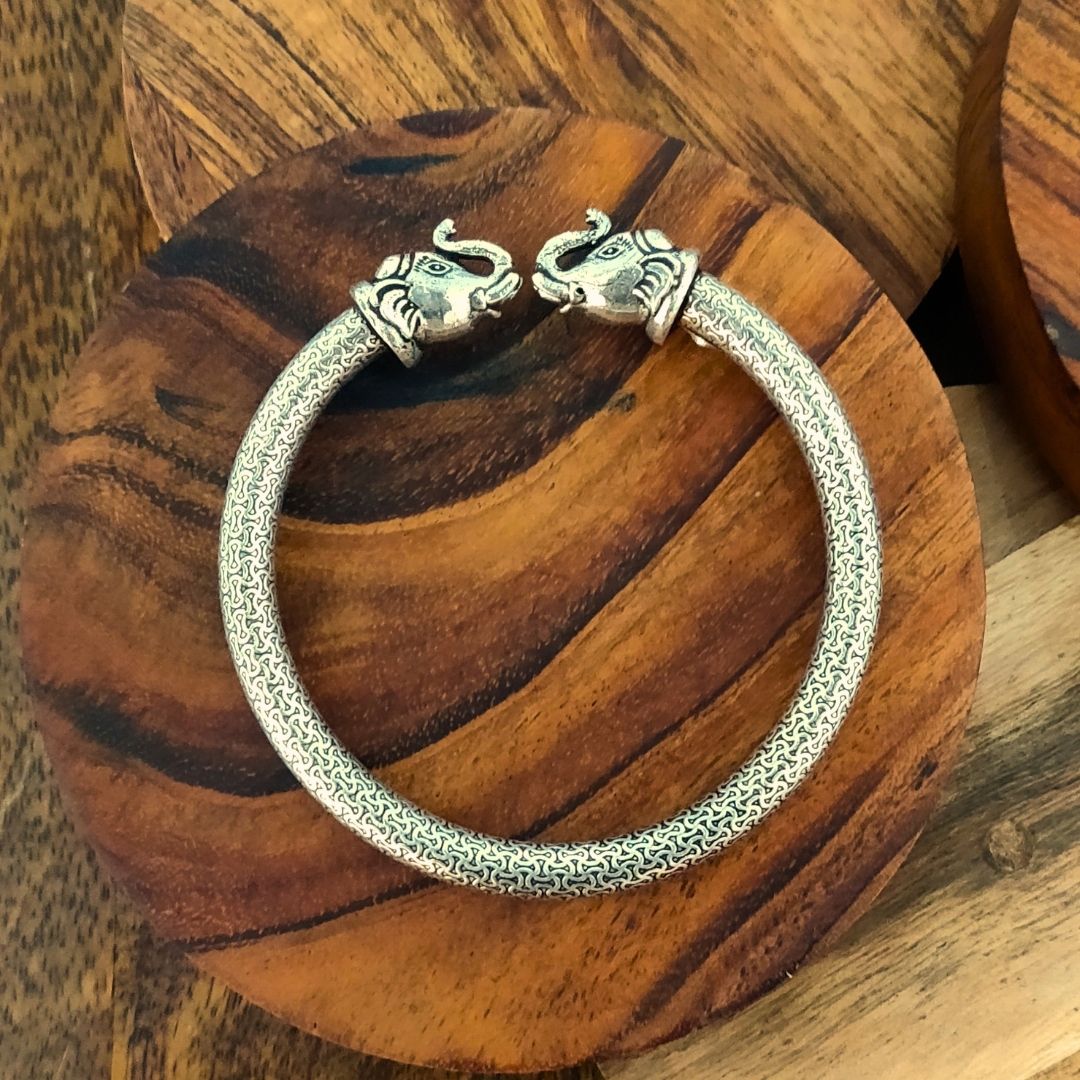 Silver Intricate Textured Elephant Kada Bangle