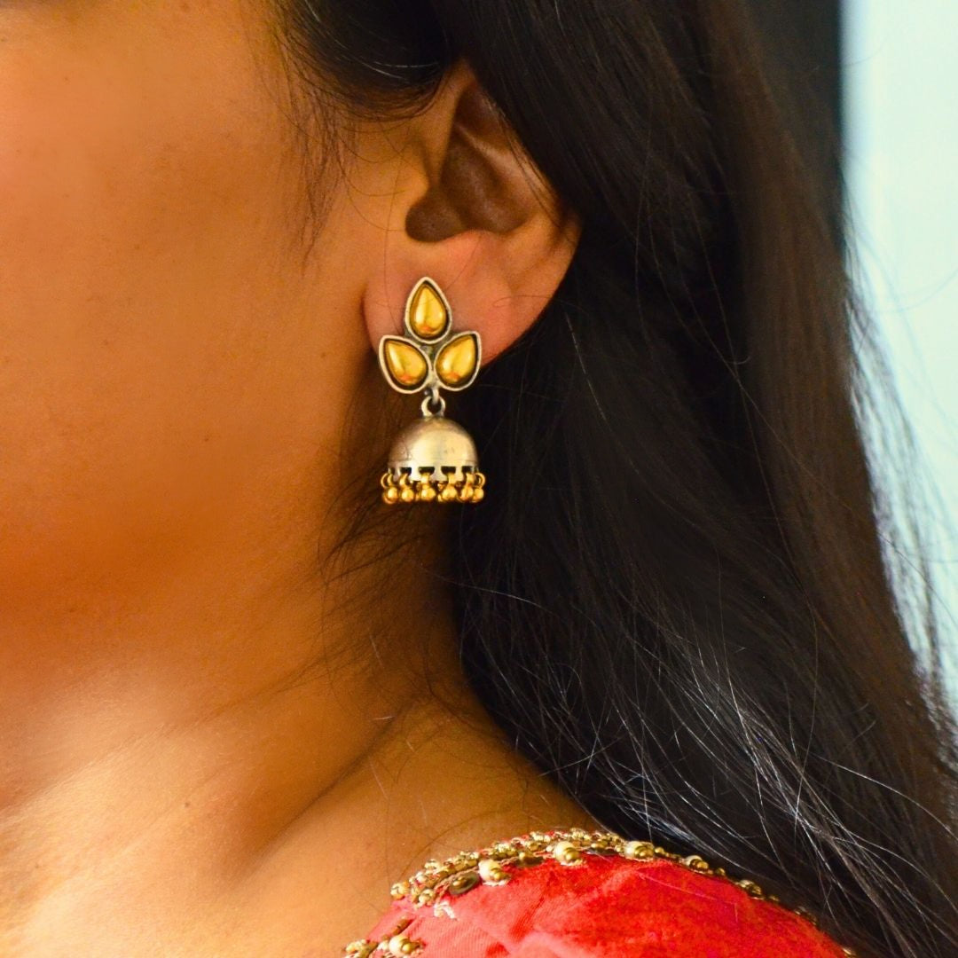 Dual Toned Gold Plated Leaves Stud with Silver Jhumki Danglers