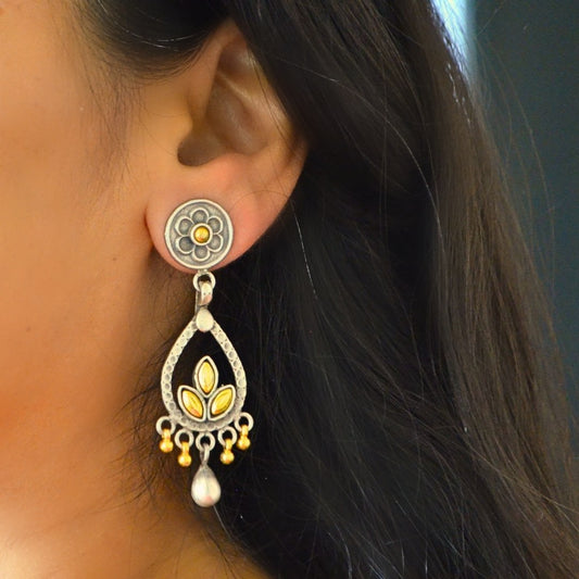 Dual Toned Gold Plated Floral Stud with Leaf shaped Chandbali Silver Danglers