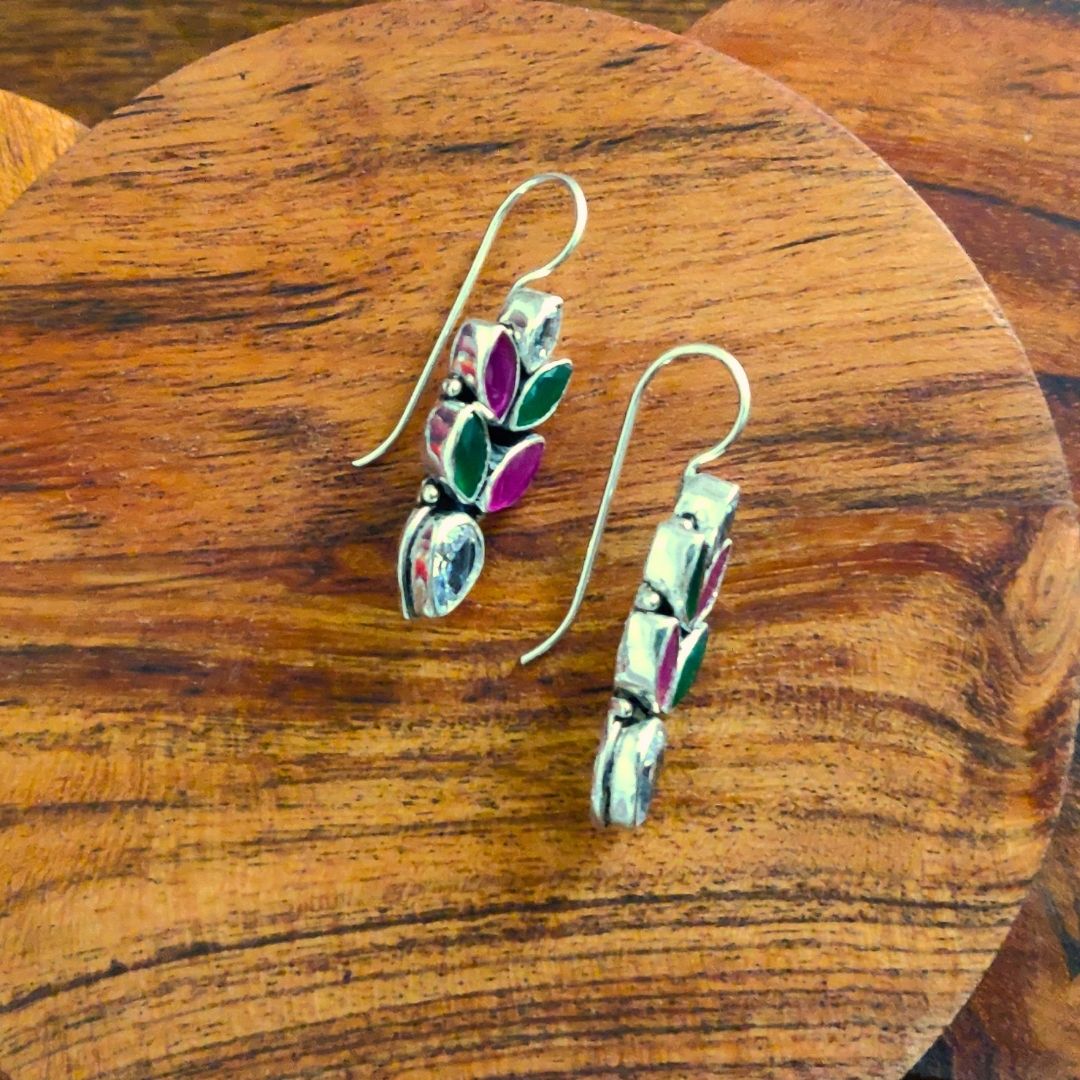 Leaf Hook Earring With White Pink Green Stone