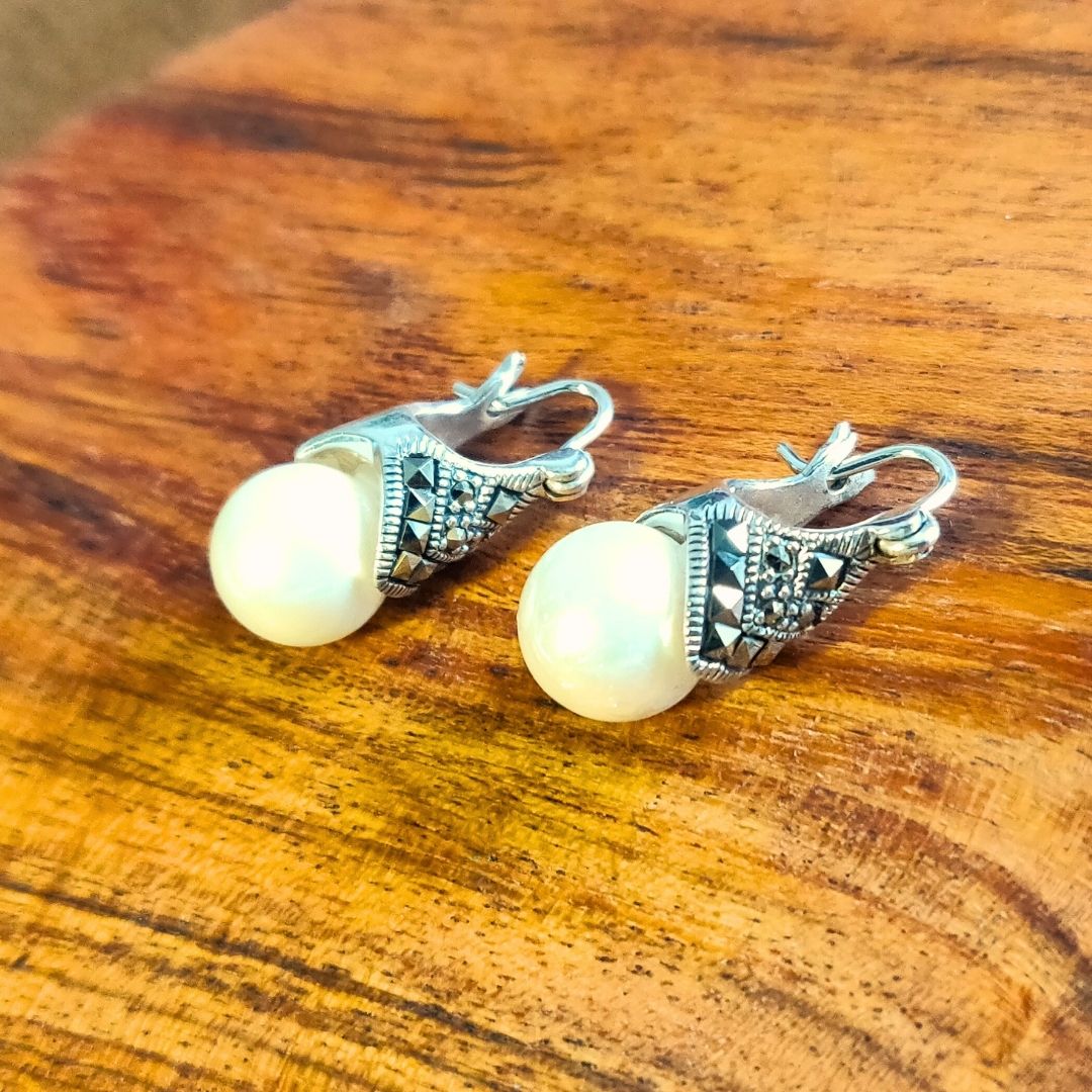 Classic Pearl Marcasite Earrings with Locking Hook