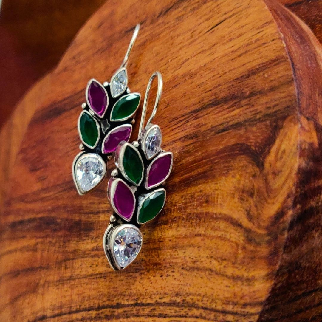 Leaf Hook Earring With White Pink Green Stone