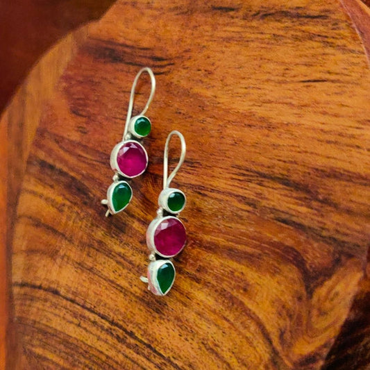 Leaf Hook Earring With Green And Pink Stone