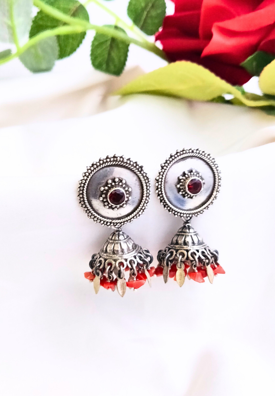 925 Silver Orange Circular Stud With Jhumka & Orange Silver Leaf Danglers