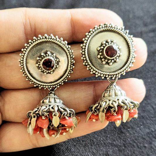 925 Silver Orange Circular Stud With Jhumka & Orange Silver Leaf Danglers