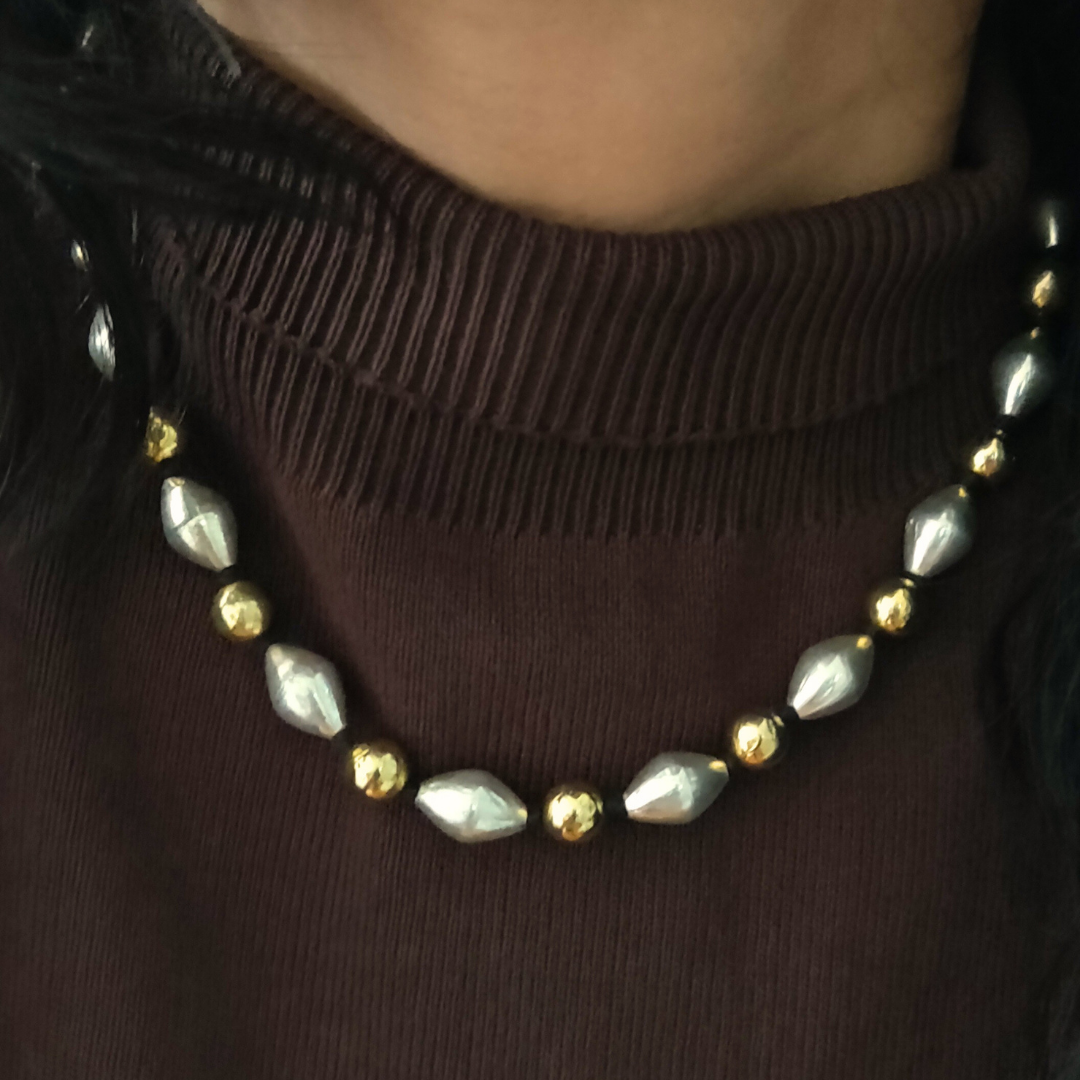 Dholki Dual Tone Neckpiece with Gold Polish Balls With Black Dori