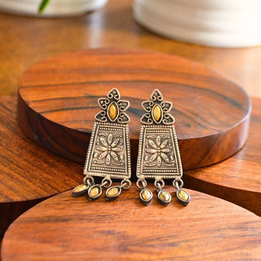 Dual Toned Gold Plated Floral Tribal Rectangular Stud Silver Danglers