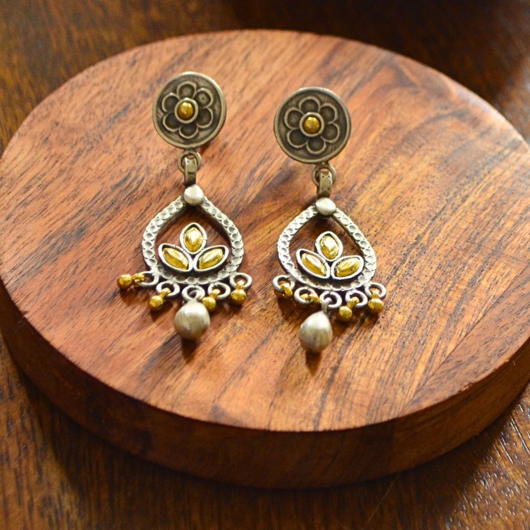 Dual Toned Gold Plated Floral Stud with Leaf shaped Chandbali Silver Danglers