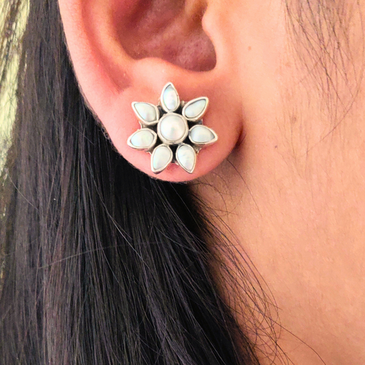 Classic Silver Cut Pearl Floral Stud